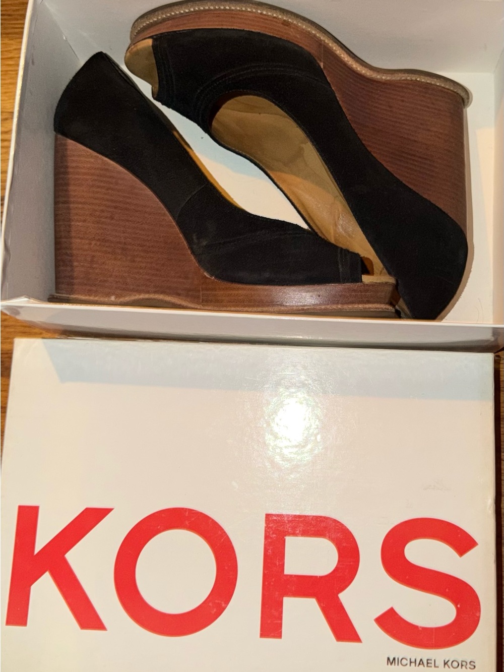 Michael Kors Black Suede Wedge Peep-Toe Platform Heels